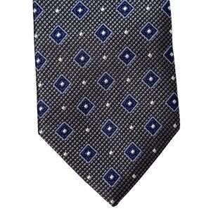 Mens Wearhouse Pronto Uomo Platinum Tie Gray & Blue Diamond Pattern Handmade 60"